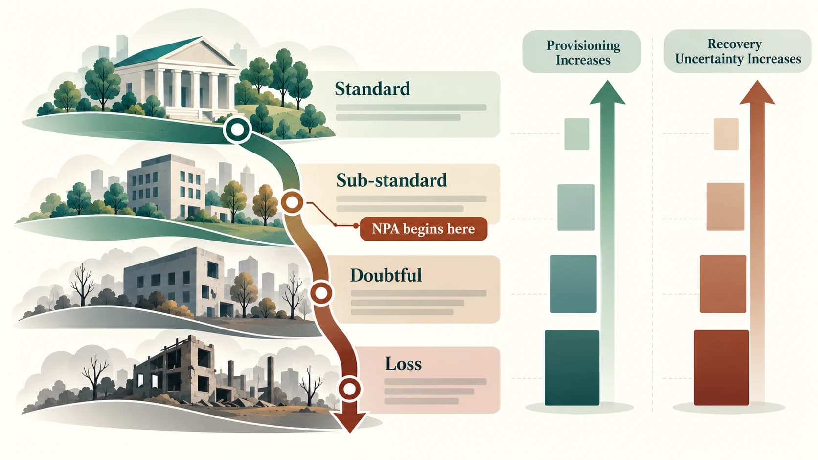 Asset-quality ladder showing standard, sub-standard, doubtful and loss assets with increasing provisioning.
