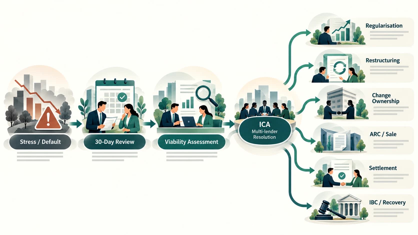 Decision flow showing the options available to lenders for resolving a stressed borrower.