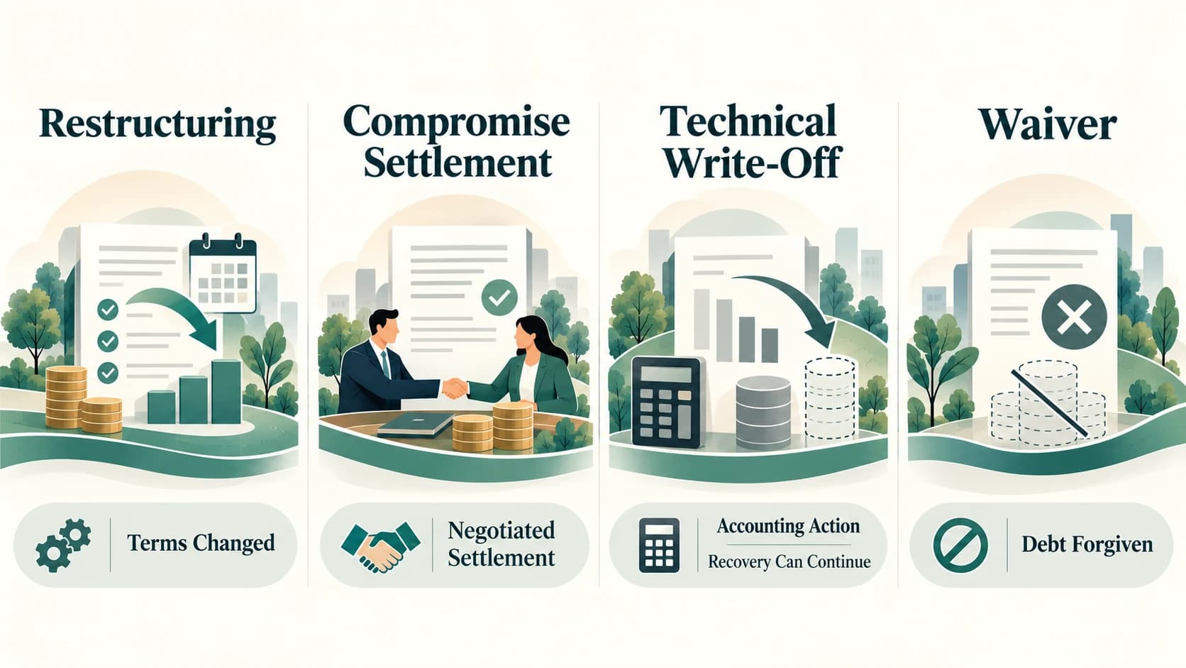 Comparison of restructuring, compromise settlement, technical write-off and loan waiver.