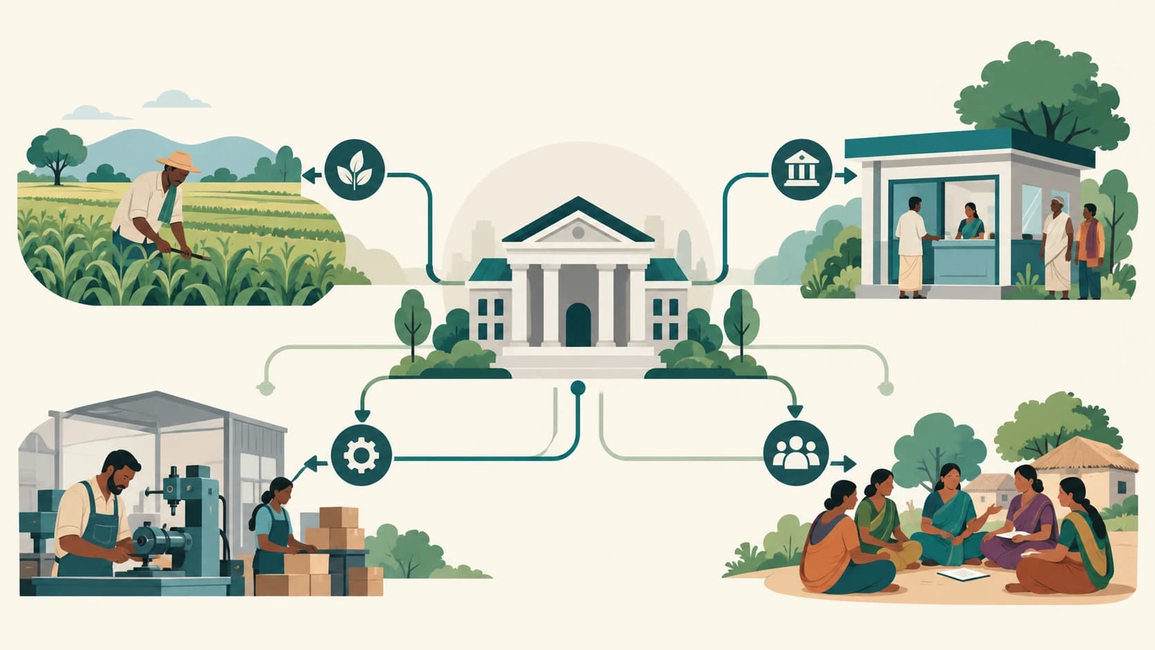 Editorial illustration showing formal banking credit reaching farms, small businesses and rural community groups.