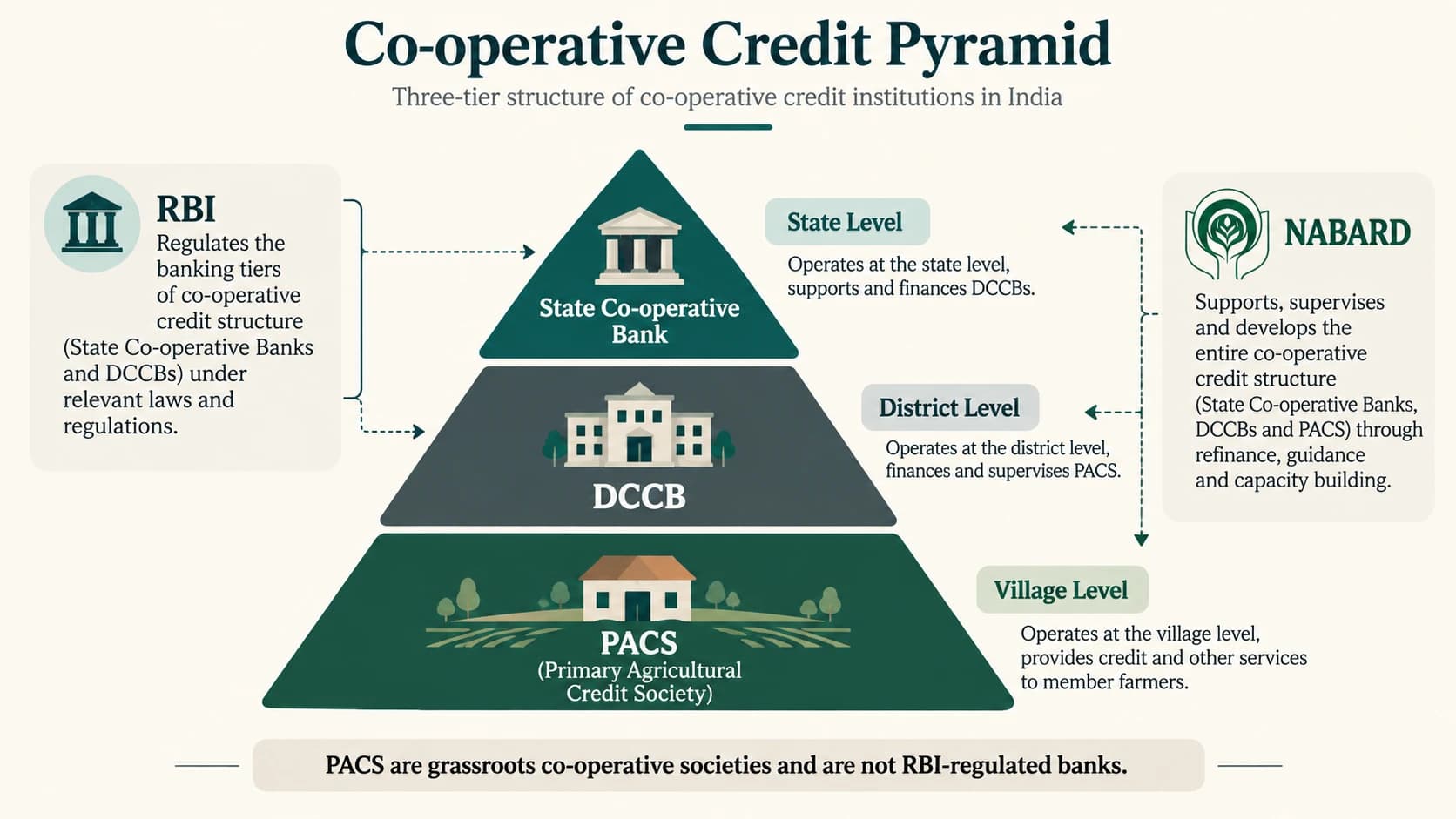 Three-tier rural co-operative credit structure from StCB through DCCB to PACS.