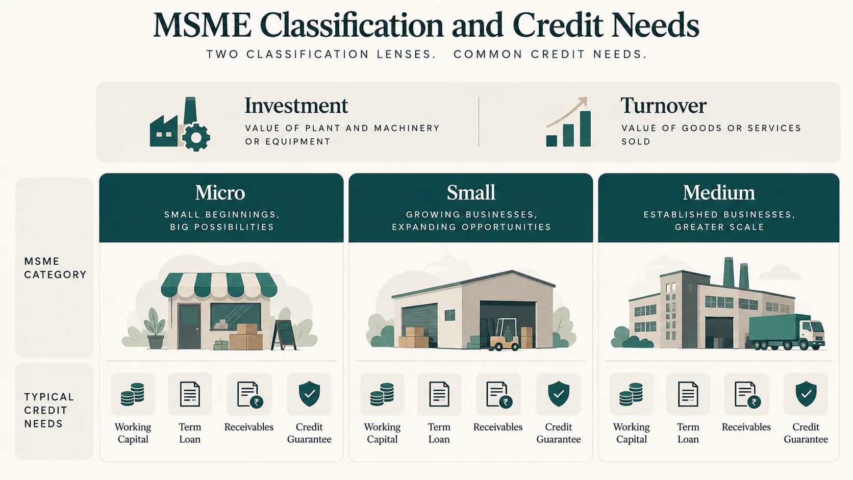 MSME classification framework using investment and turnover, linked to common bank-credit needs.