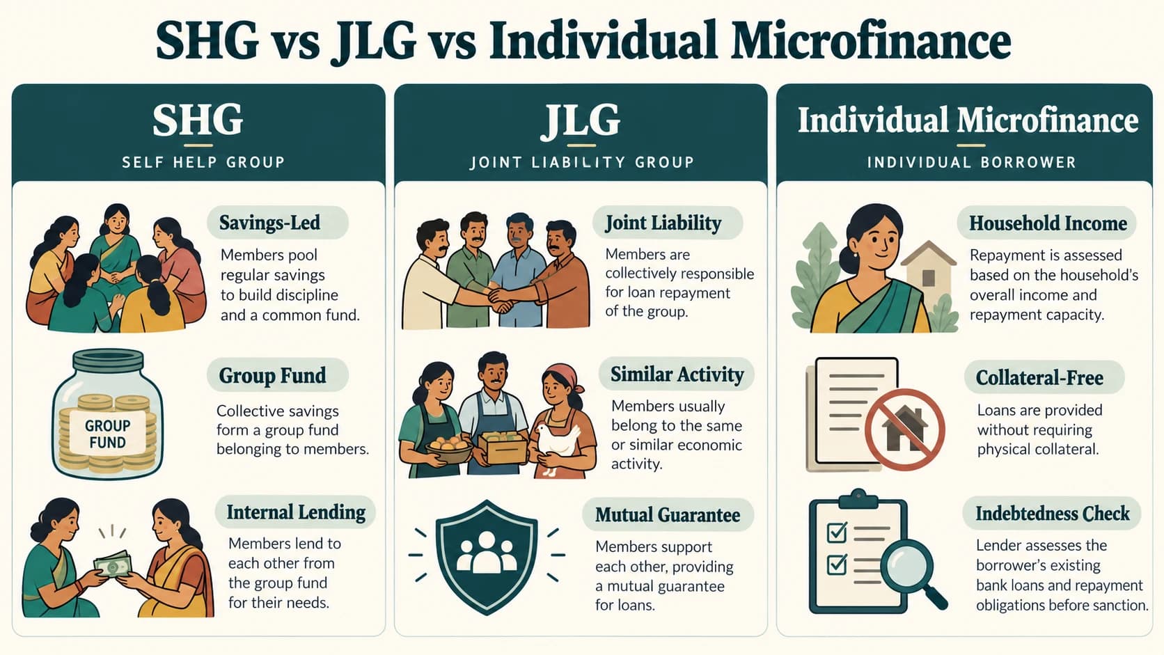 Comparison of SHG, JLG and individual microfinance lending models.