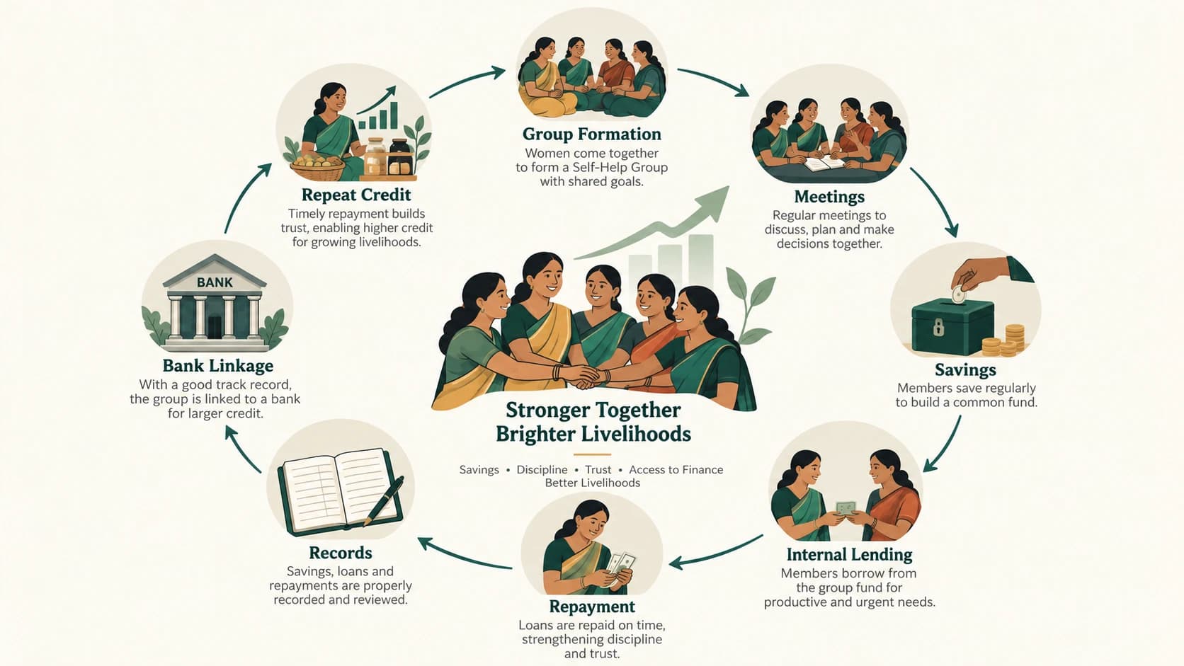 Cycle showing how Self Help Groups build creditworthiness before and after bank linkage.