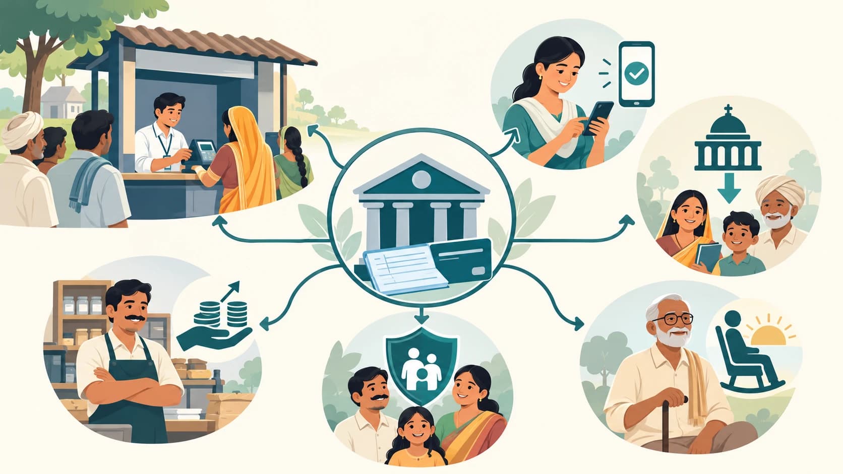 Editorial illustration showing bank accounts connecting people to payments, credit, insurance, pension and Government benefits.