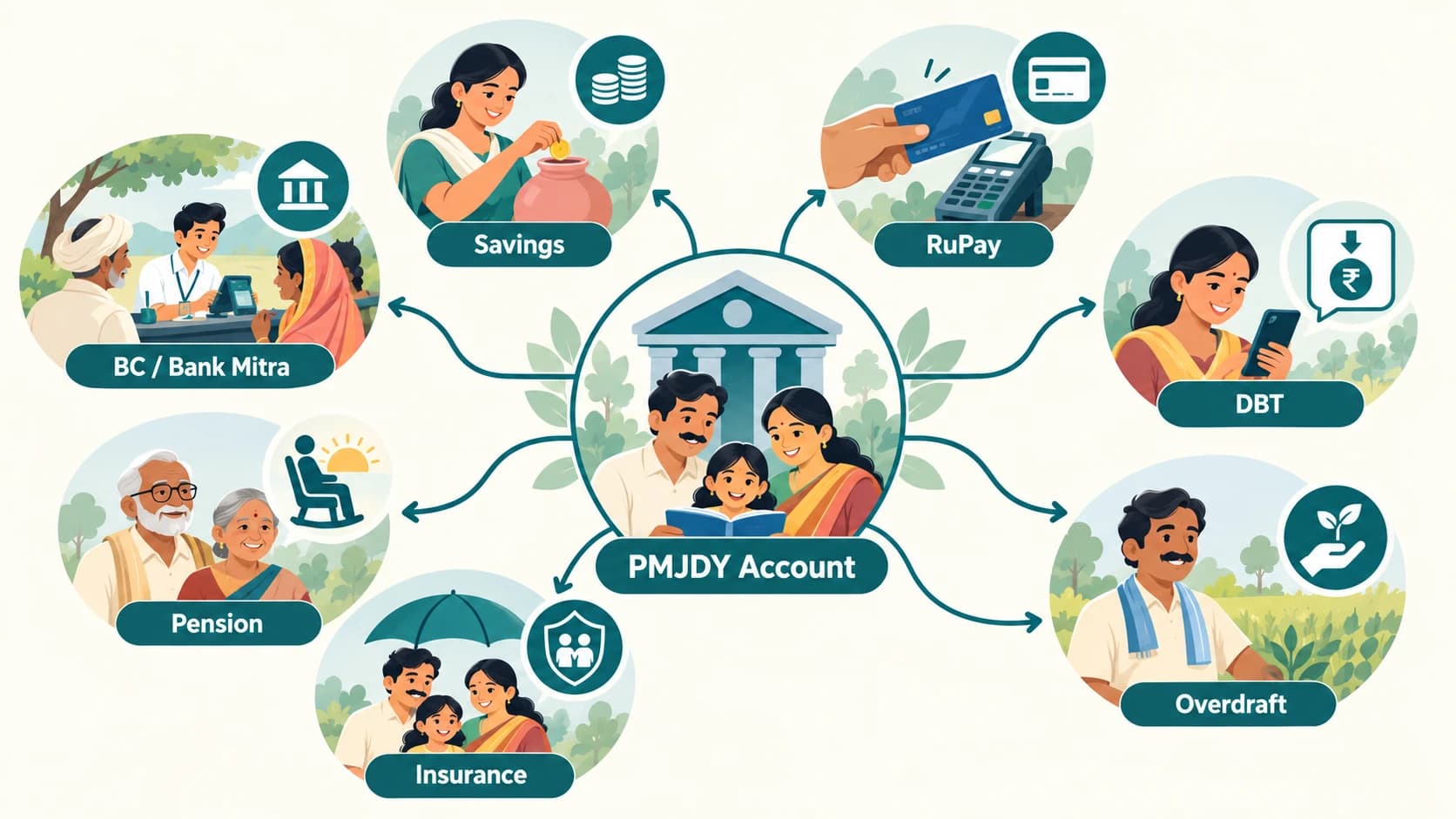 PMJDY account linked to payments, benefits, credit, insurance and pension.
