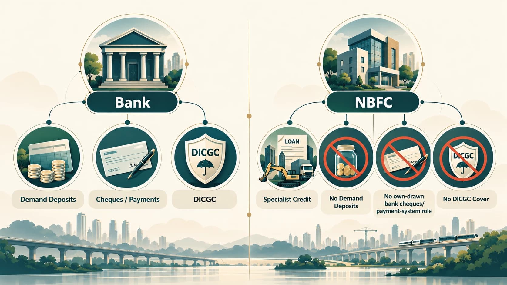 Comparison showing that NBFCs differ from banks in demand deposits, cheque/payment privileges and DICGC insurance.