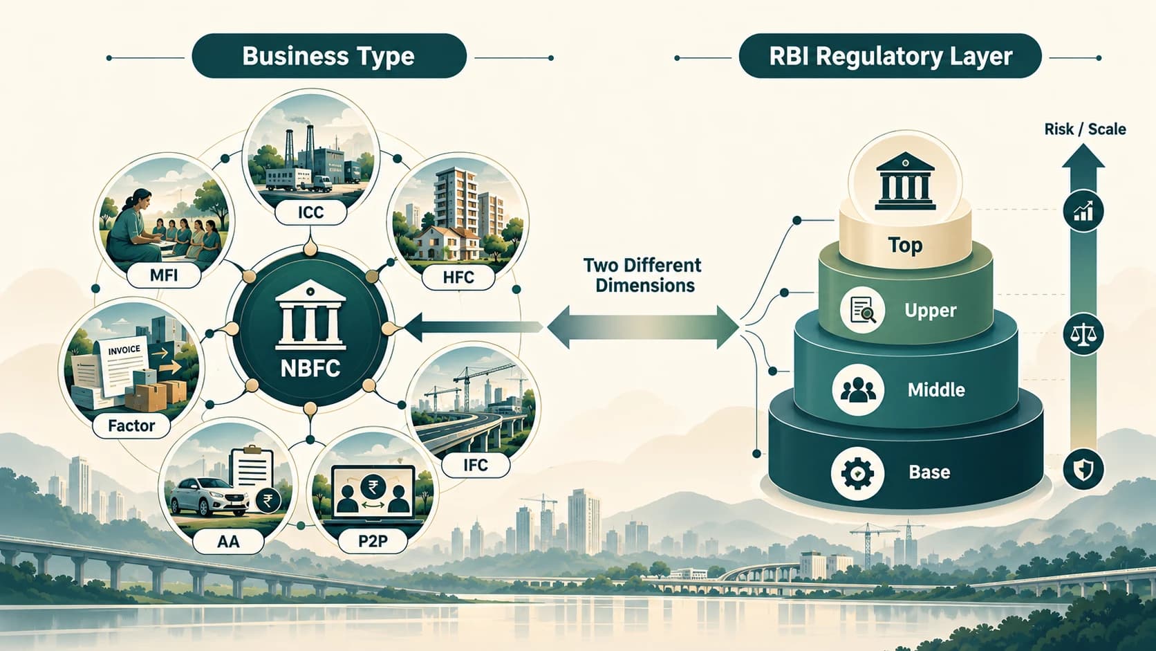 Diagram distinguishing NBFC business types from RBI's scale-based regulatory layers.