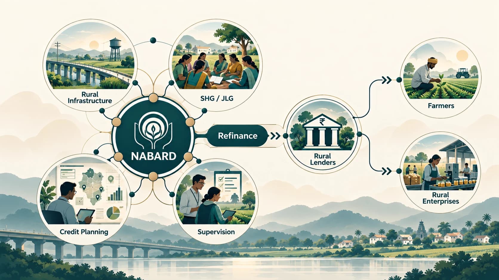 NABARD's combined refinance, rural infrastructure, institutional supervision and development roles.