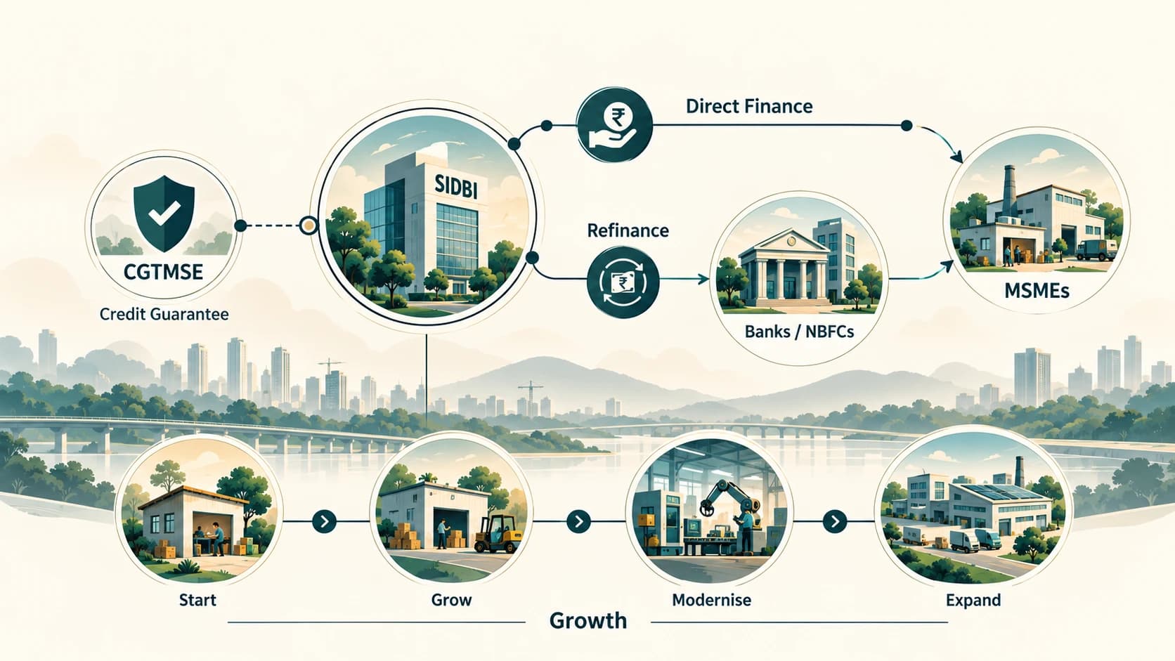 SIDBI supports MSMEs through direct finance, lender refinance and a related credit-guarantee ecosystem.
