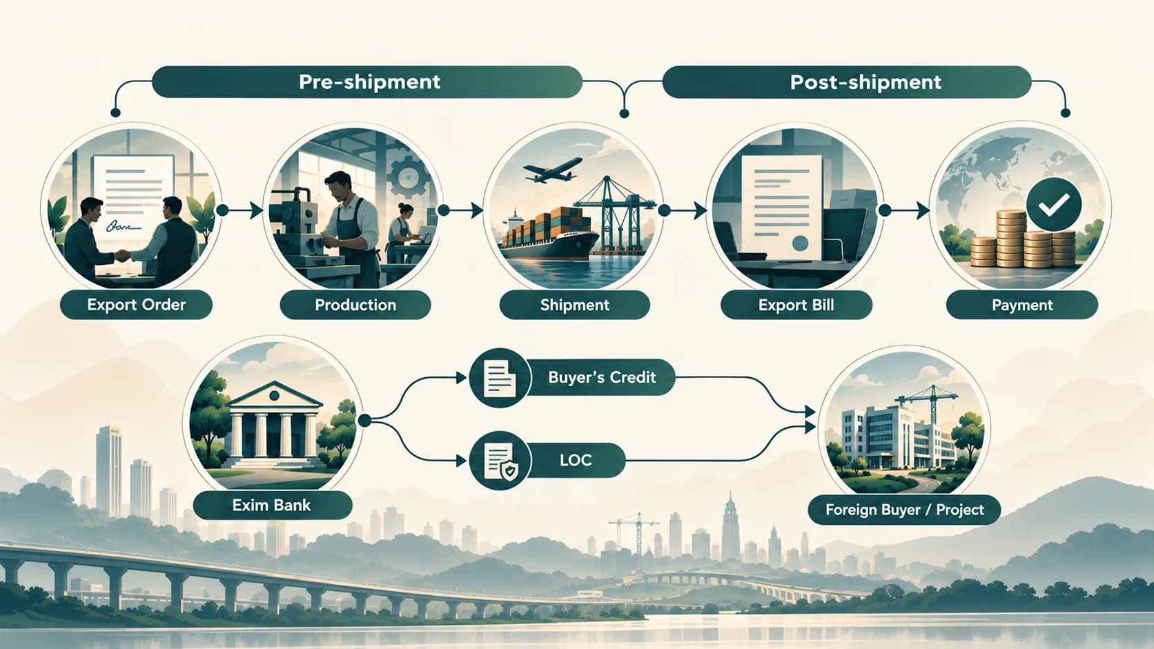 Export credit flow showing pre-shipment finance, post-shipment finance and overseas buyer financing.