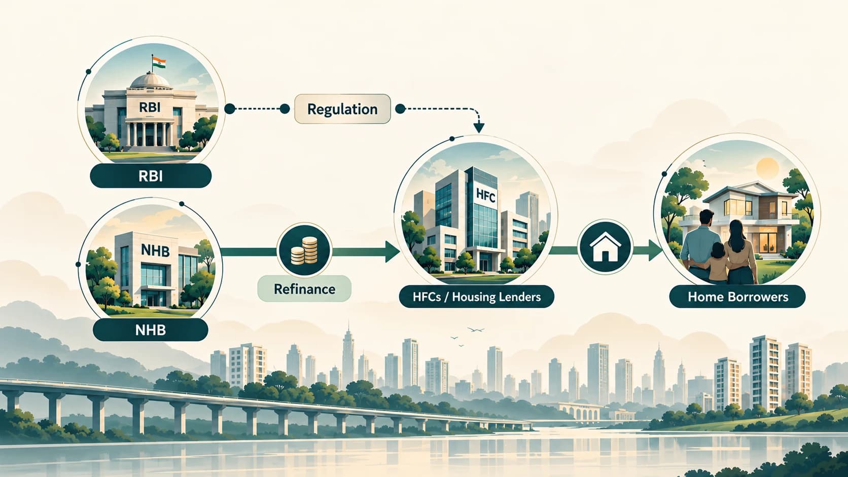Housing finance architecture distinguishing RBI's regulation from NHB's refinance and development support.