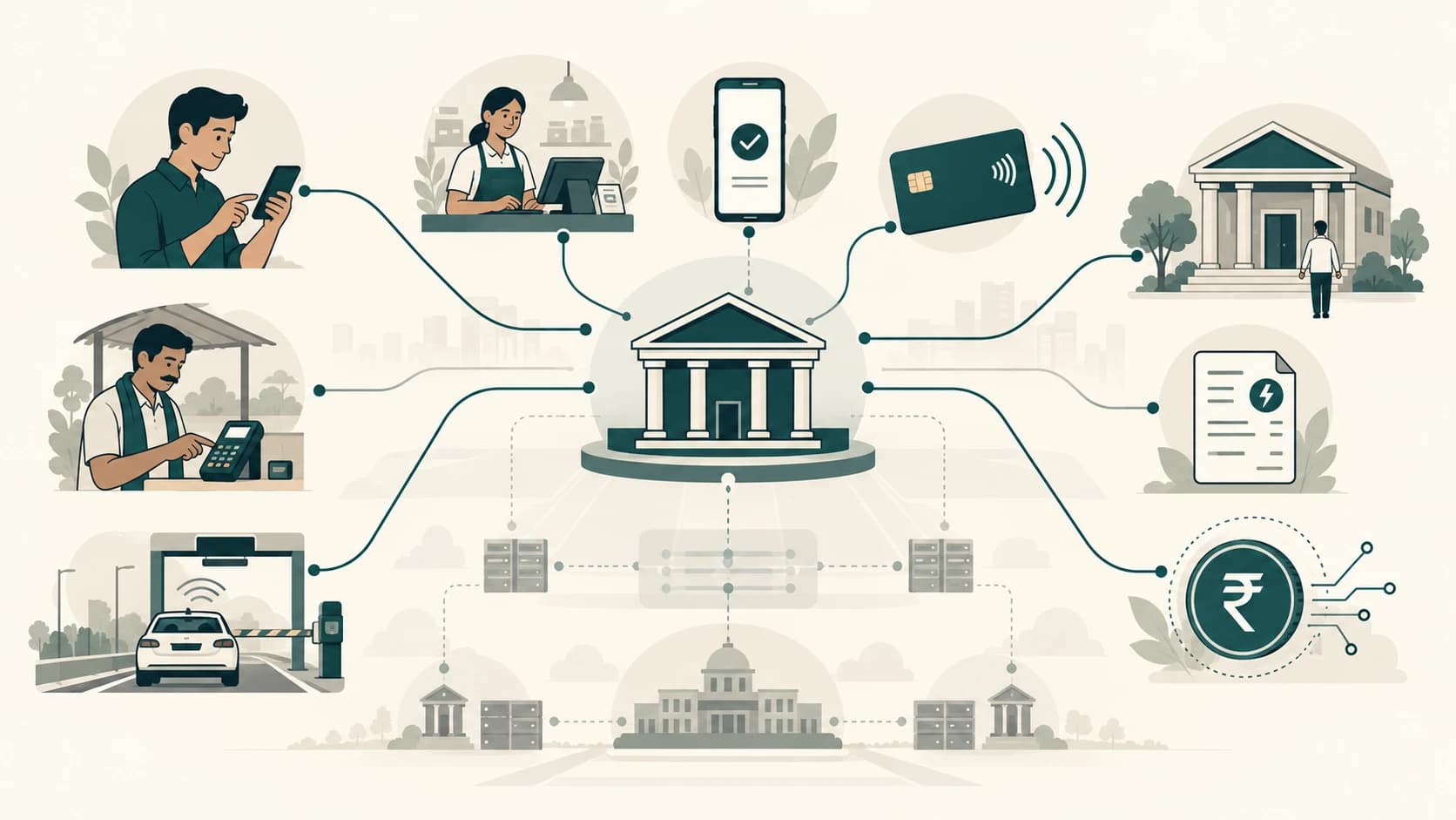 Editorial network illustration connecting India's banking accounts and digital payment channels.