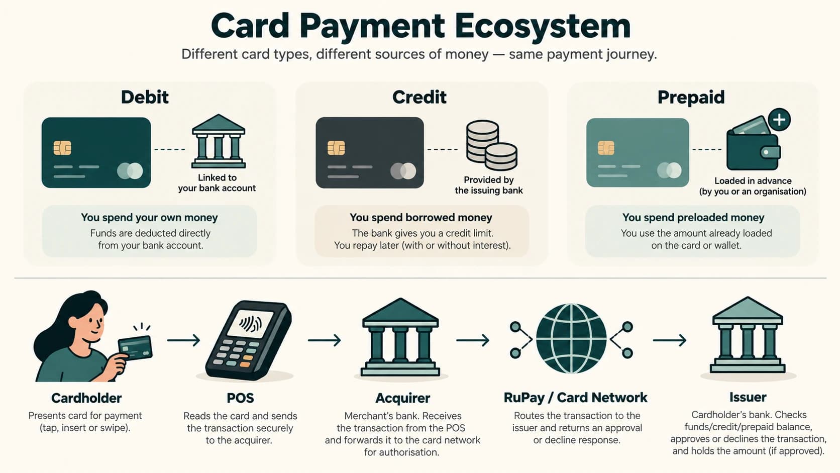 Diagram showing card types, issuer, acquirer and payment network.