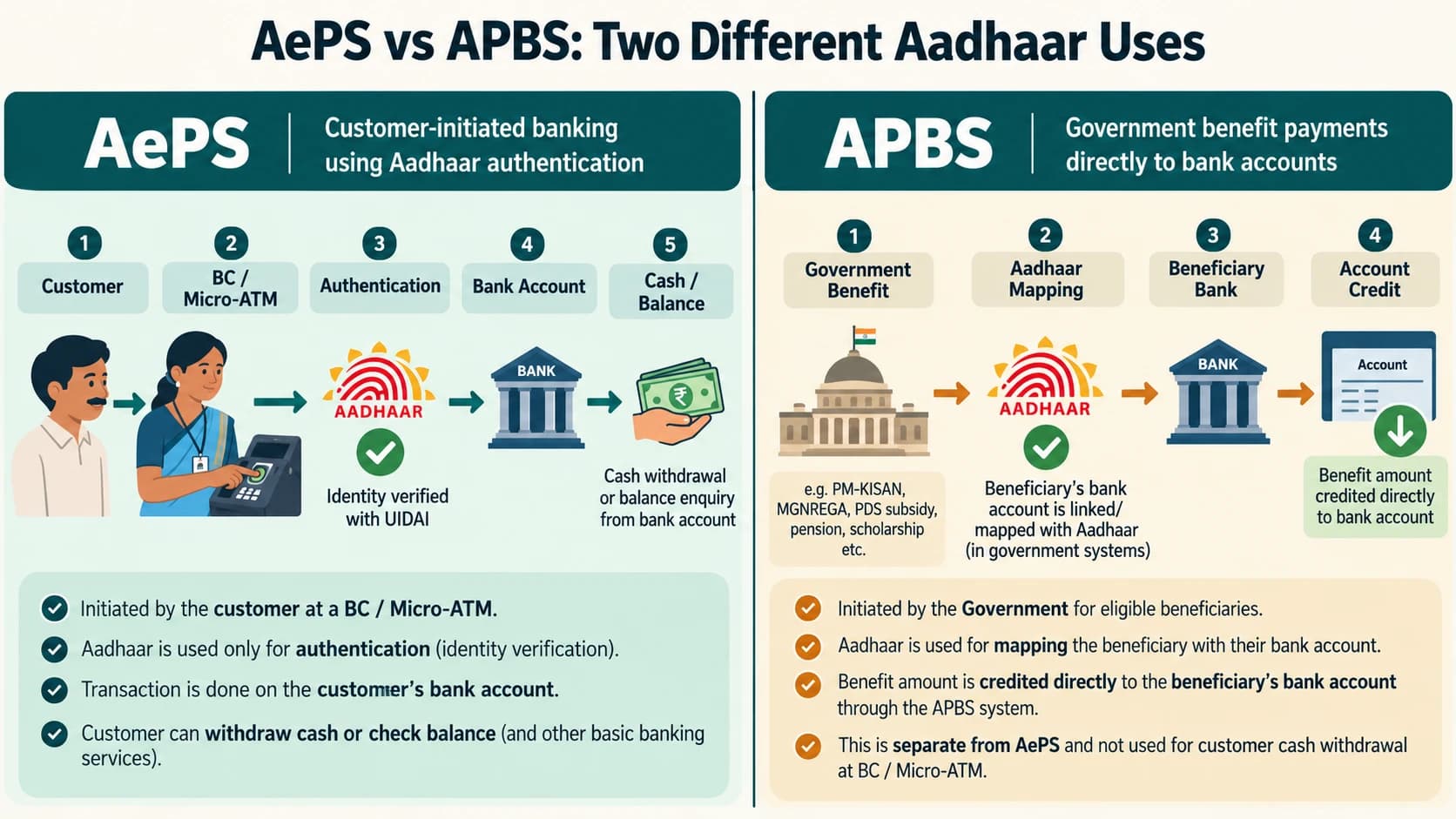 Two flow diagrams contrasting Aadhaar-authenticated banking and Aadhaar-routed benefit payments.