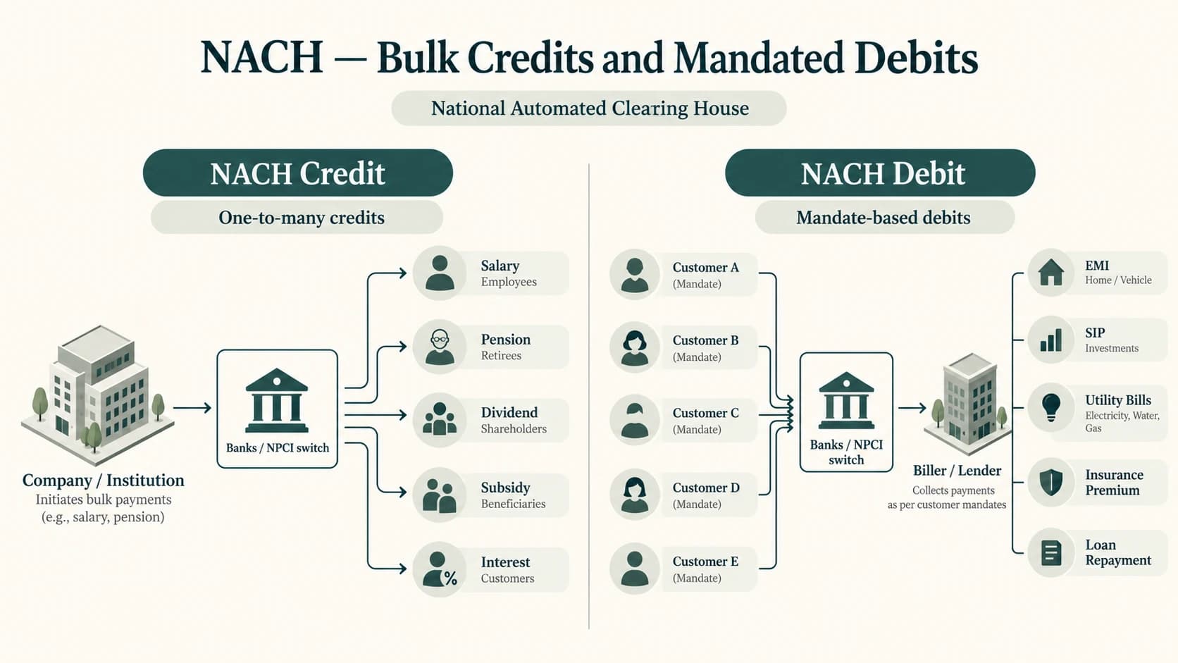Bulk NACH credit and mandate-based debit flows.