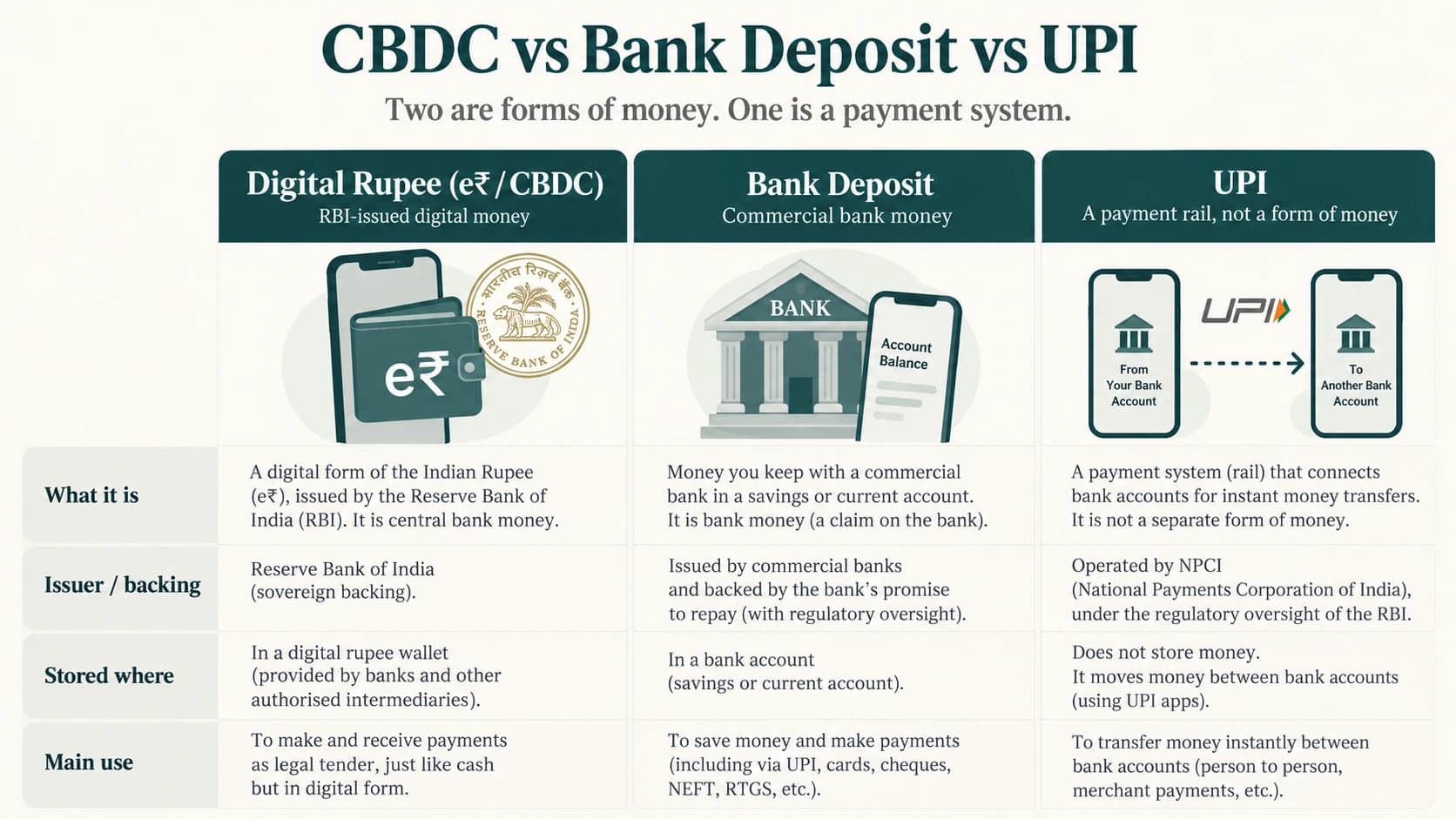 Differences between cash, commercial-bank deposits, CBDC and UPI as an interface.