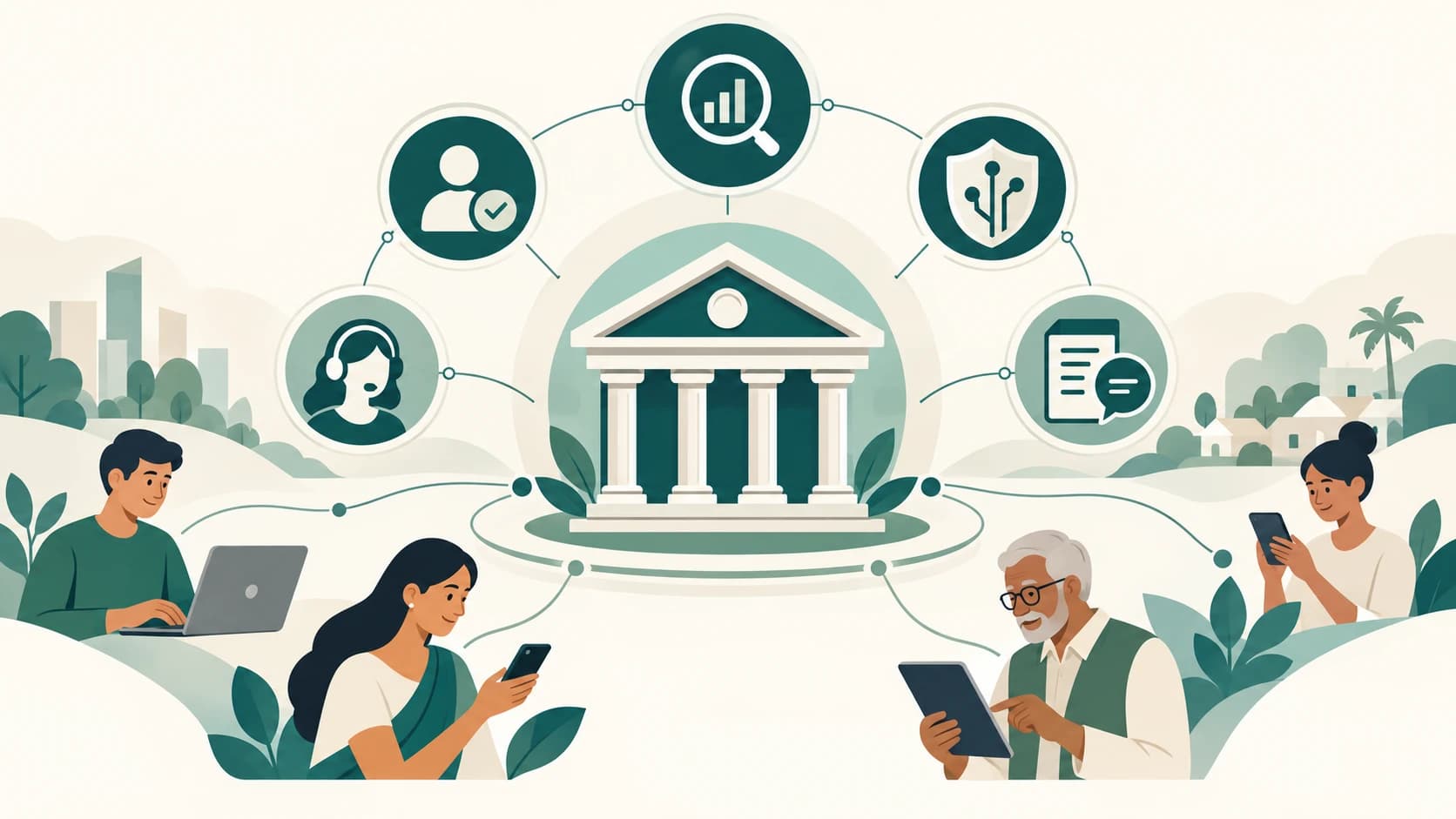 Editorial illustration of identity, compliance, security, consumer rights and complaint redress surrounding a banking network.