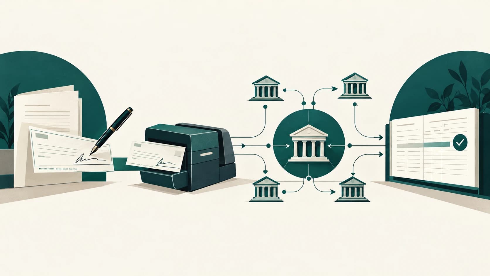 Editorial illustration linking negotiable instruments, cheque clearing and centralised banking operations.