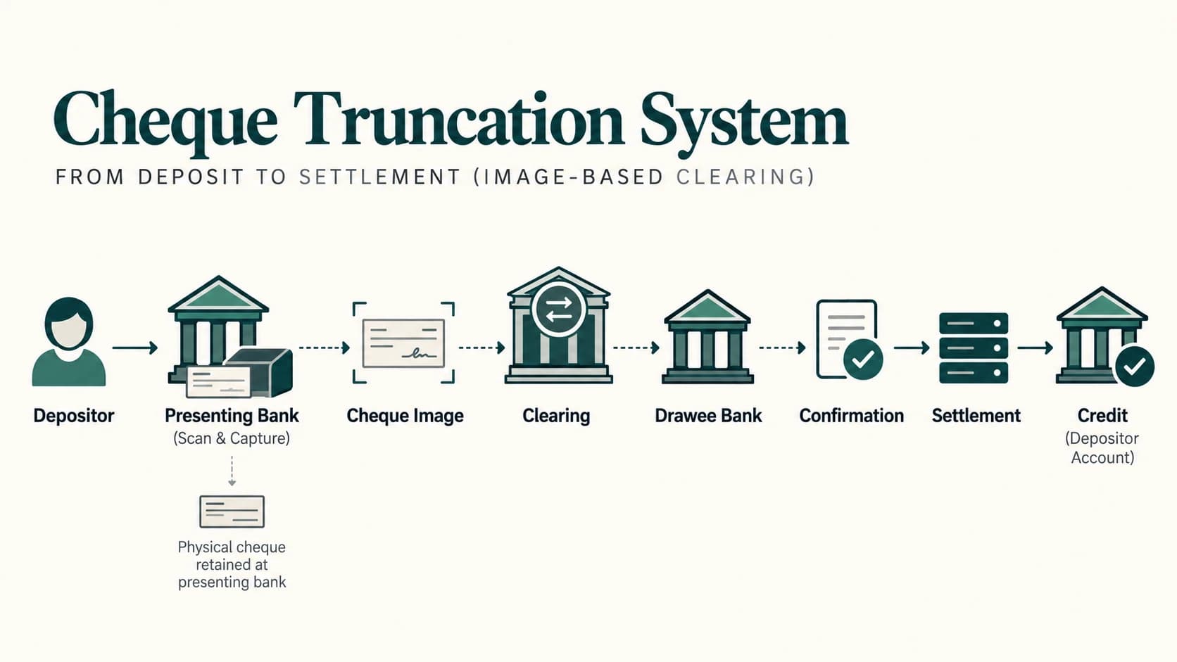 Cheque Truncation System process showing image transmission and subsequent payment, settlement and credit.