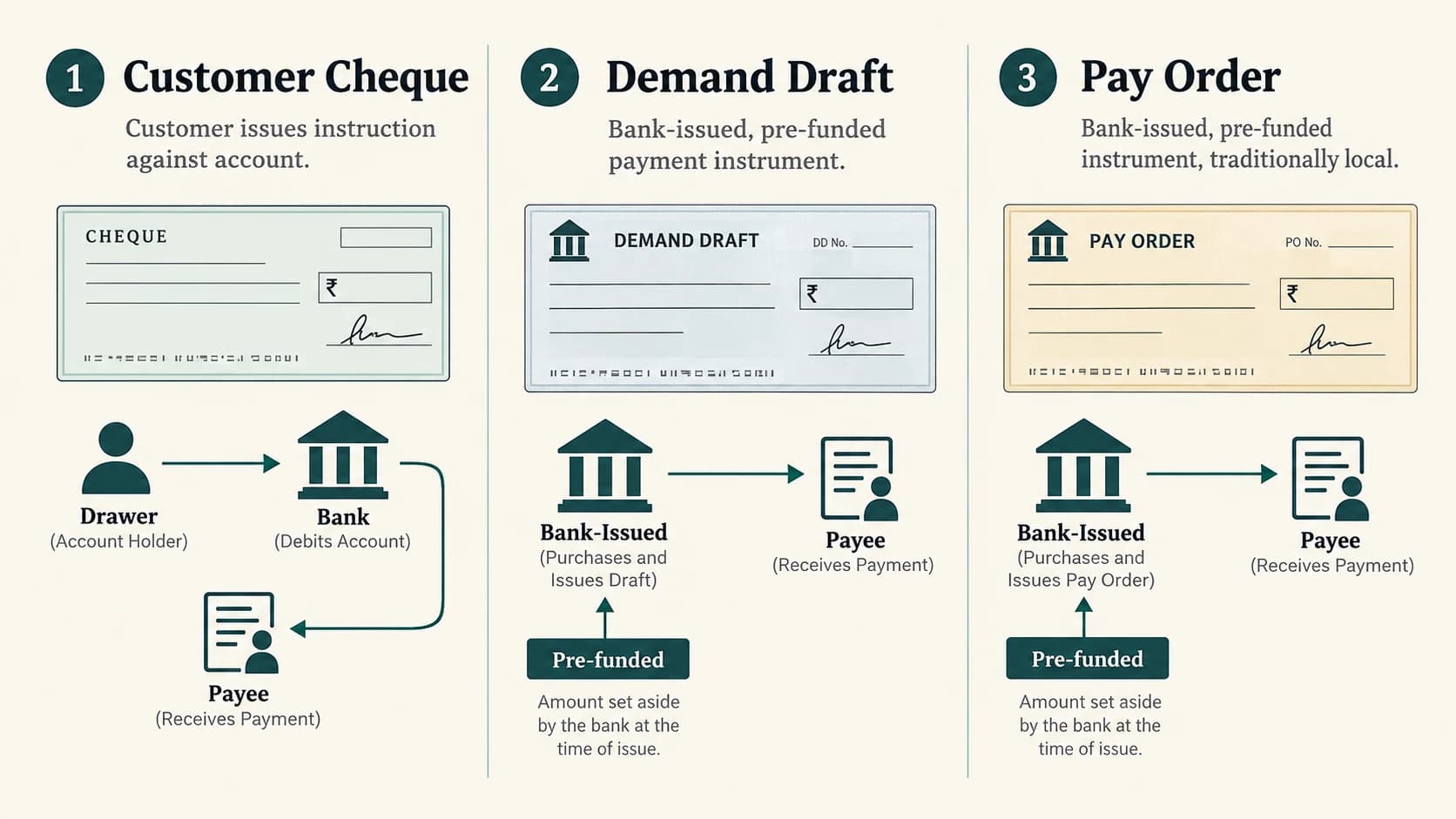 Comparison of who issues and funds customer cheques, demand drafts and pay orders.