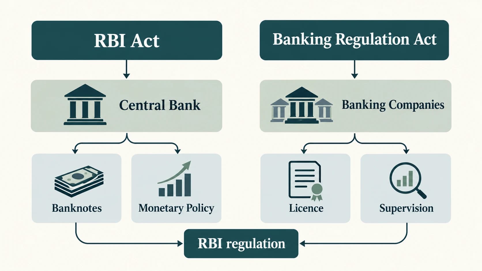 Comparison of the RBI Act and Banking Regulation Act roles.