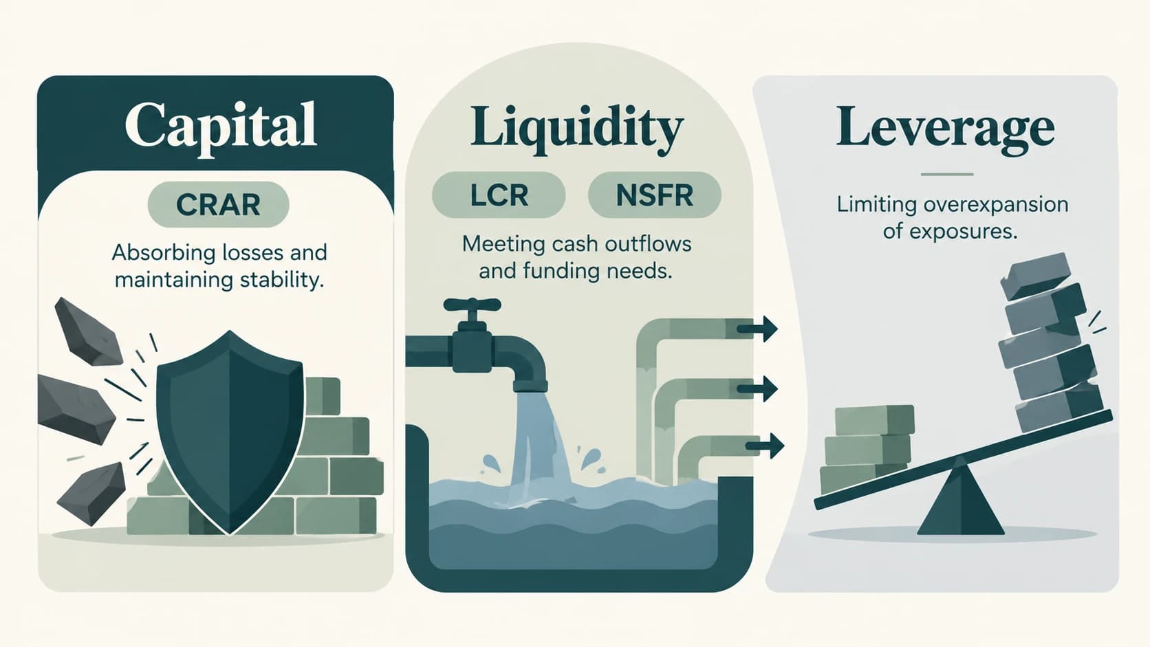 Visual distinction among bank solvency capital, liquidity and leverage safeguards.