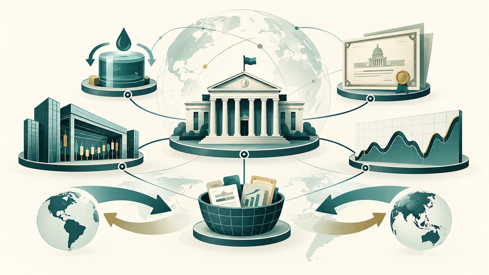 Abstract editorial illustration of money markets, Government bonds, securities investing and cross-border currency flows.