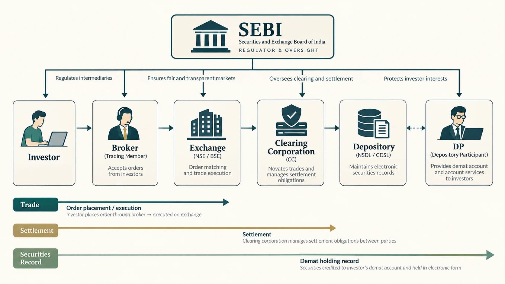 Institutional roles of SEBI, exchange, broker, clearing corporation and depository.