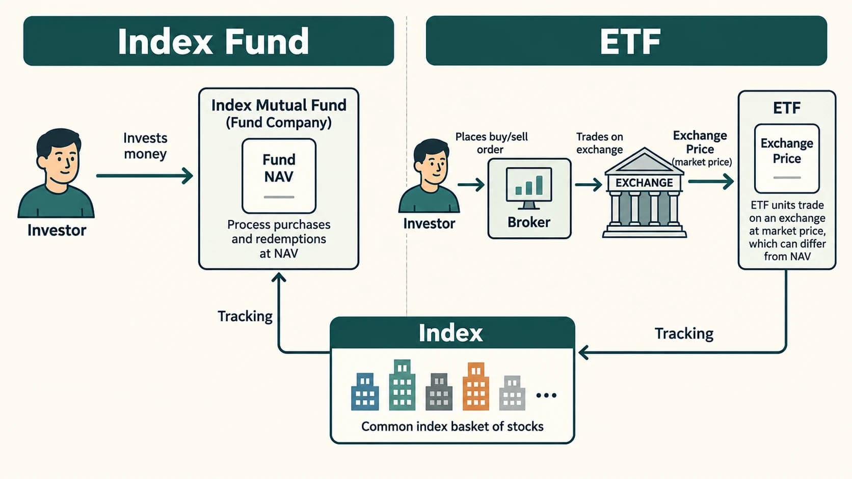 Fund subscription at NAV compared with ETF exchange trading.