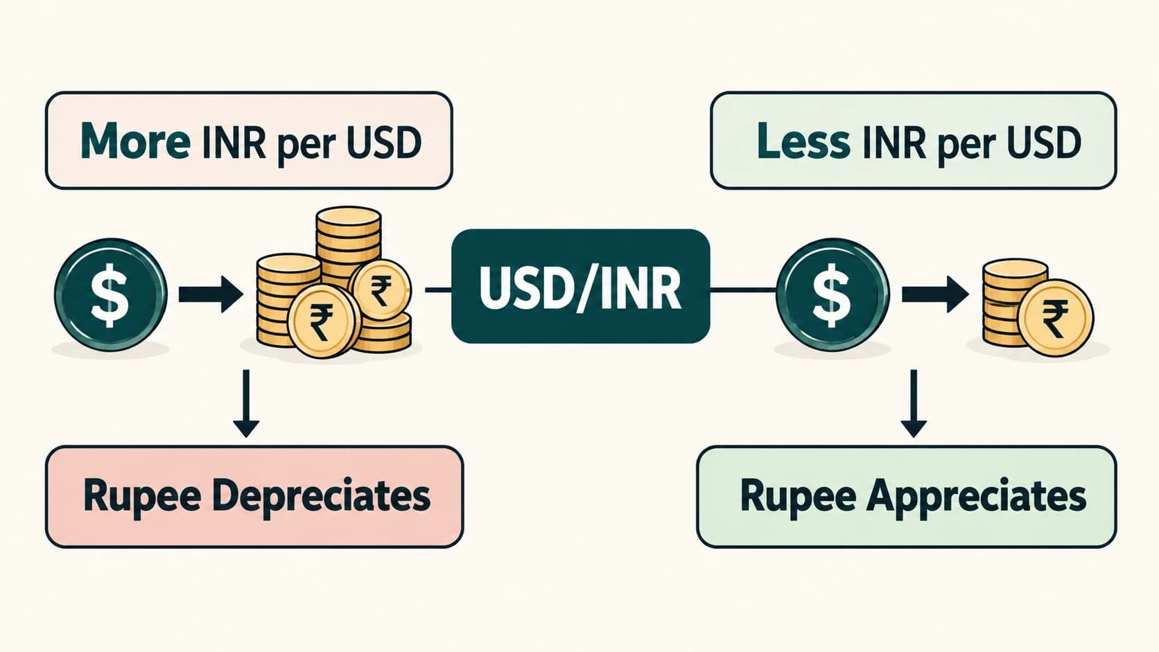 Visual guide to interpreting appreciation and depreciation from a USD/INR quote.