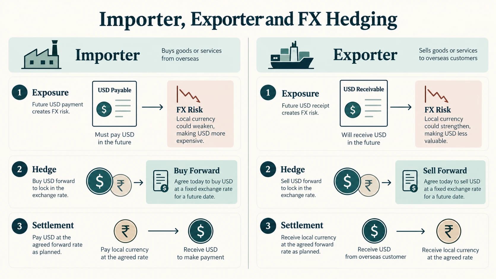 Currency risk and corresponding forward hedge direction for importer and exporter.