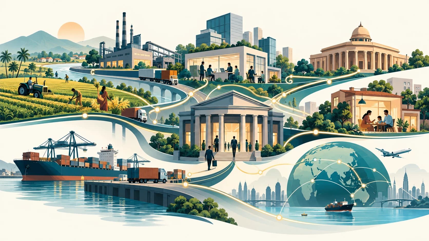 Editorial illustration of Indian production, prices, public finance, banking and international trade.