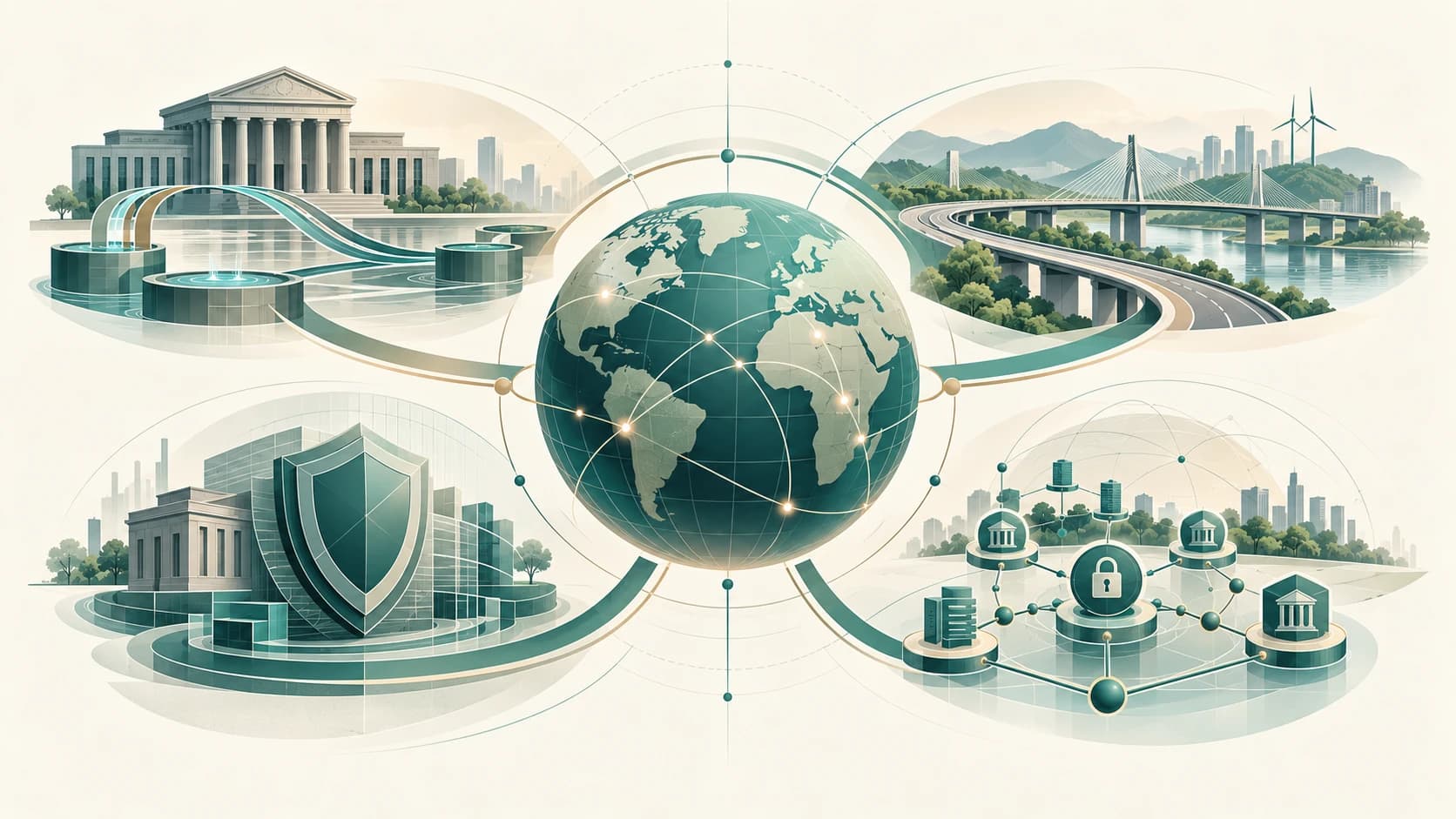 Editorial illustration connecting global monetary stability, development finance, bank supervision and financial integrity.
