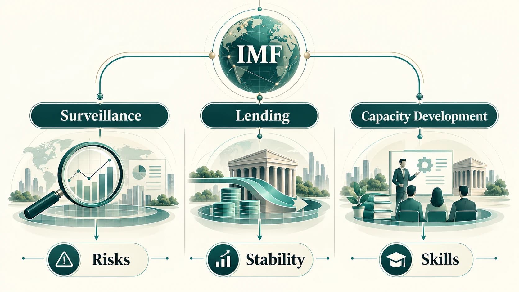 IMF functions of economic surveillance, financial assistance and institutional training.