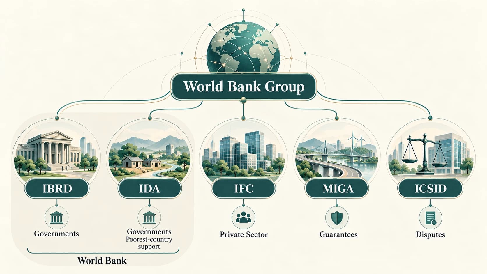 MIGA's investment-risk guarantees compared with ICSID's dispute-resolution facilities.