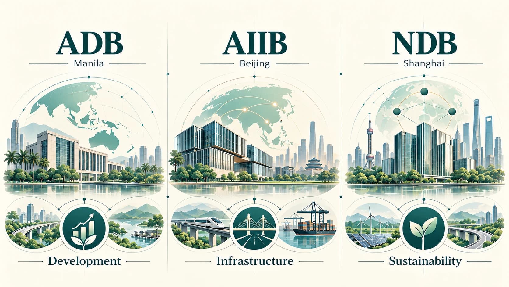 Mission and headquarters comparison of ADB, AIIB and NDB.