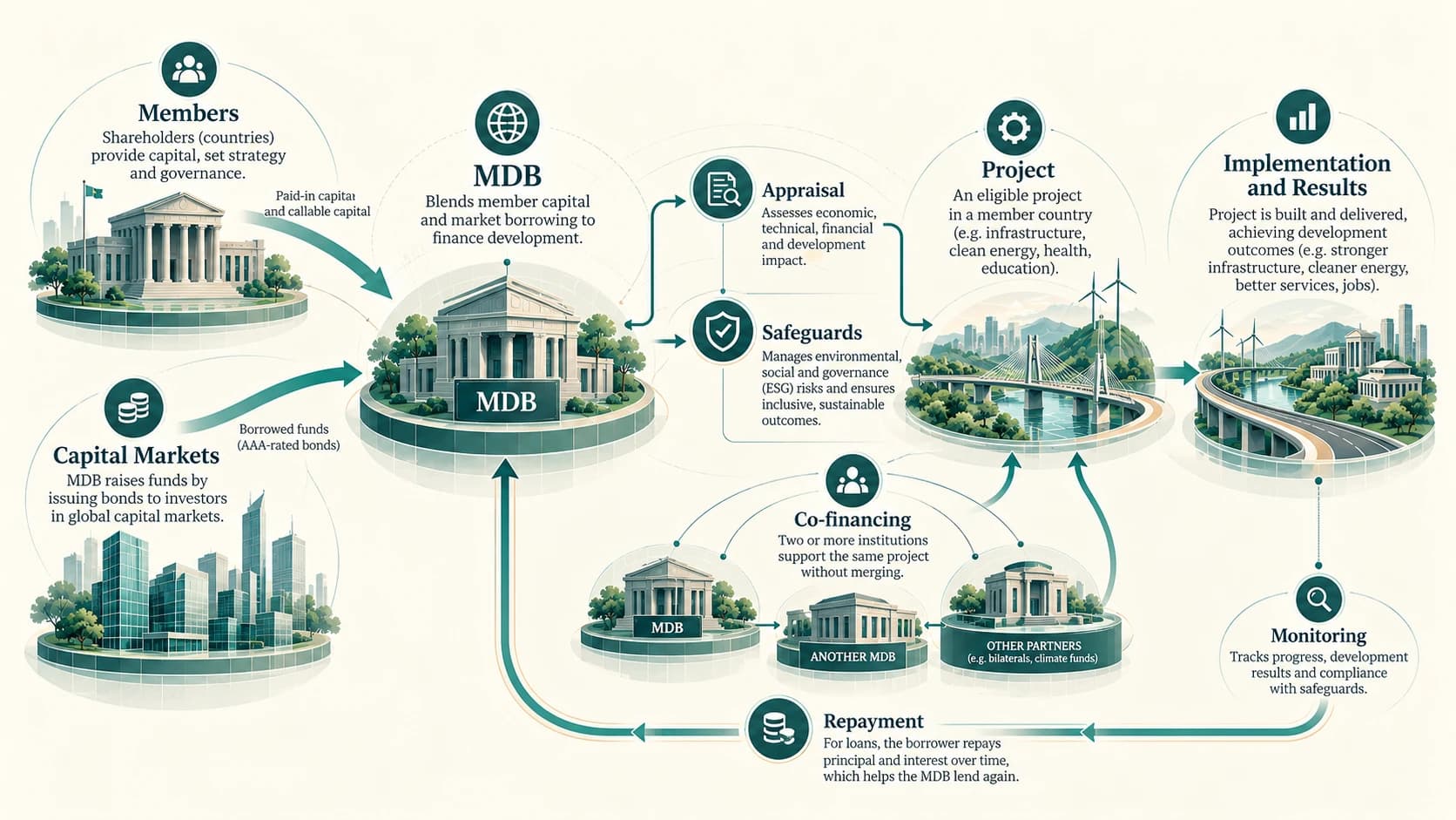 Conceptual process of MDB fundraising, project appraisal, co-financing and monitoring.