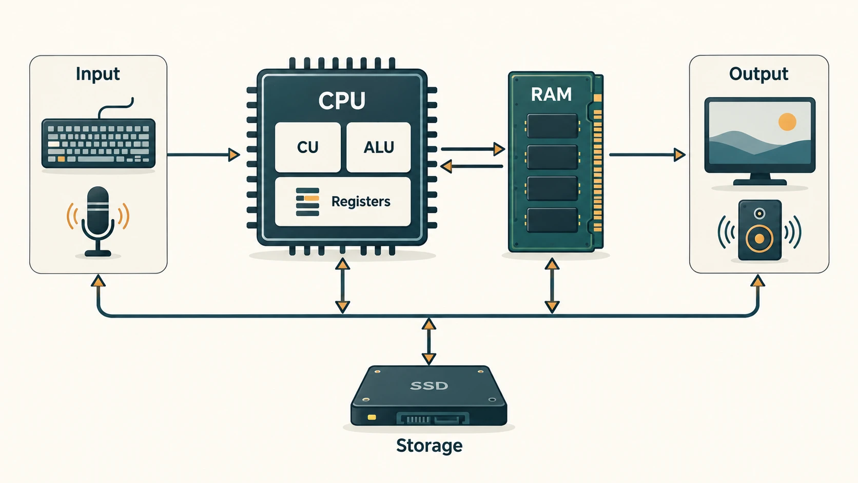 Original computer system diagram with input devices, CPU containing CU and ALU, RAM, output devices and persistent storage.