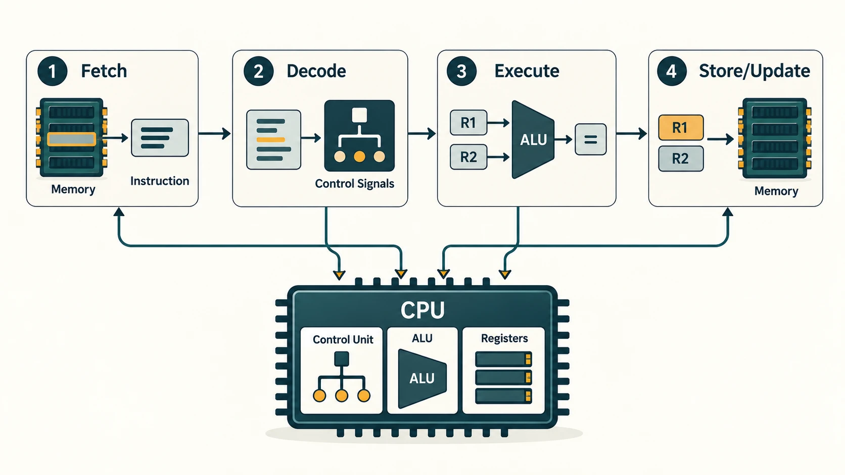 Four-stage fetch-decode-execute-update instruction cycle with separate control unit, ALU and CPU registers.