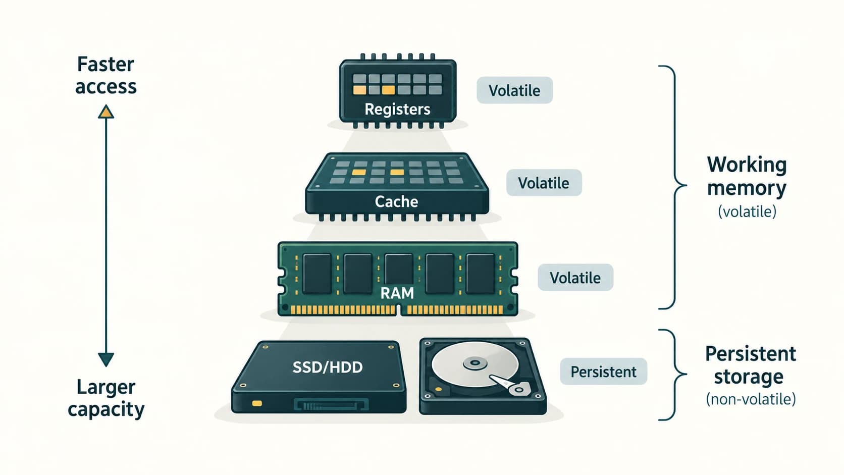 Memory hierarchy showing registers, cache, RAM and SSD/HDD, with speed increasing toward the CPU and capacity increasing toward storage.