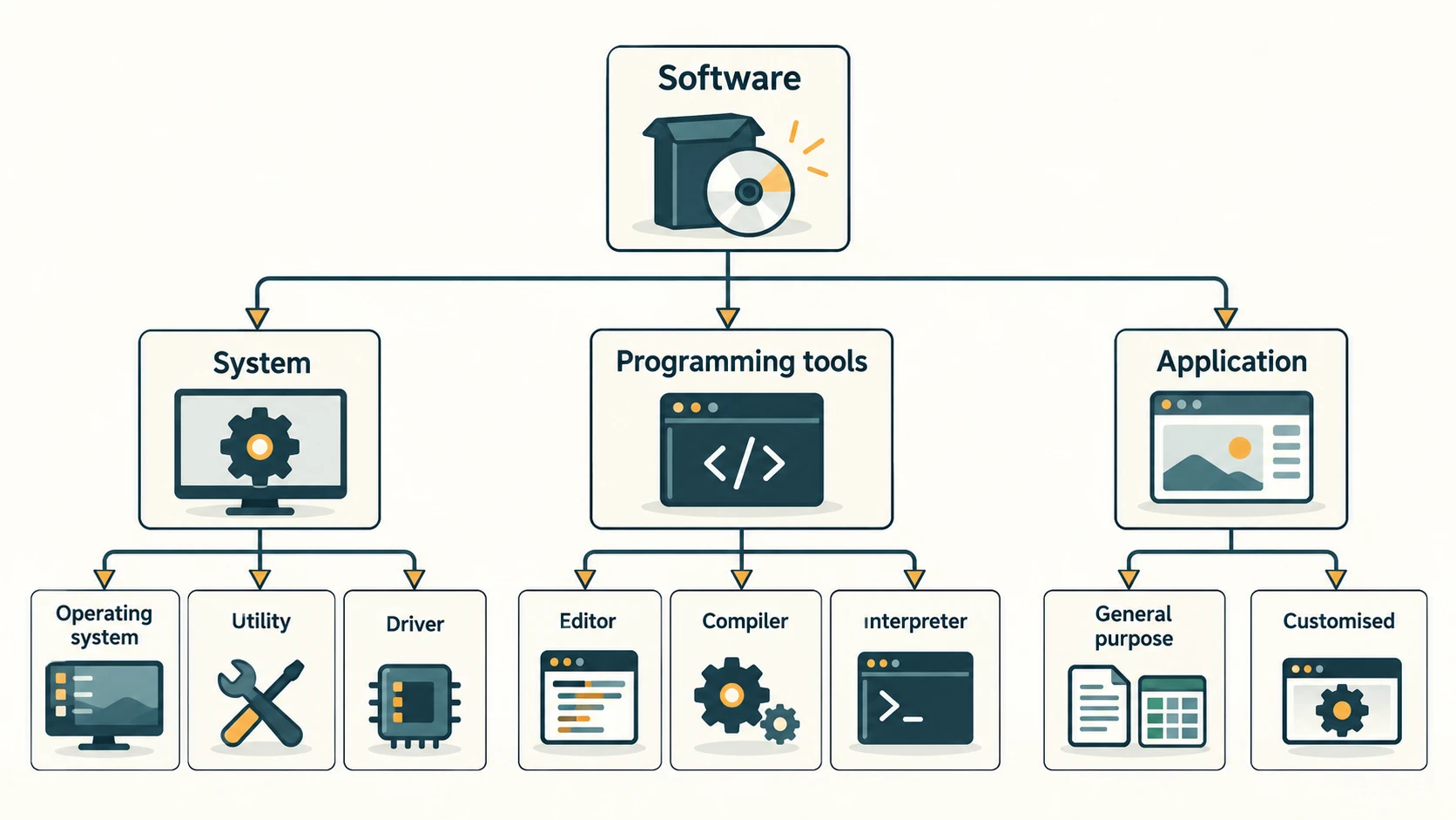 Three main software categories branching into system software, programming tools and application software with examples.