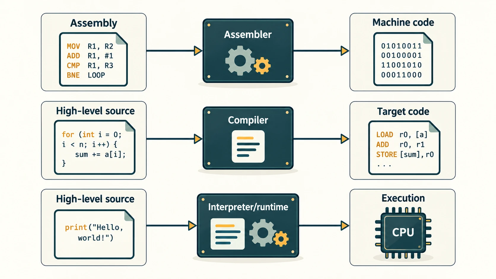 Comparison of assembly translation, compiling high-level code and interpreter or runtime execution pathways.