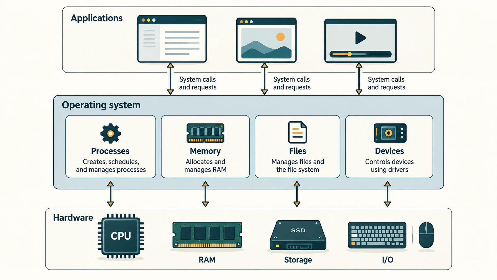 Layered computer architecture showing applications using operating system services for CPU processes, RAM, files and connected devices.