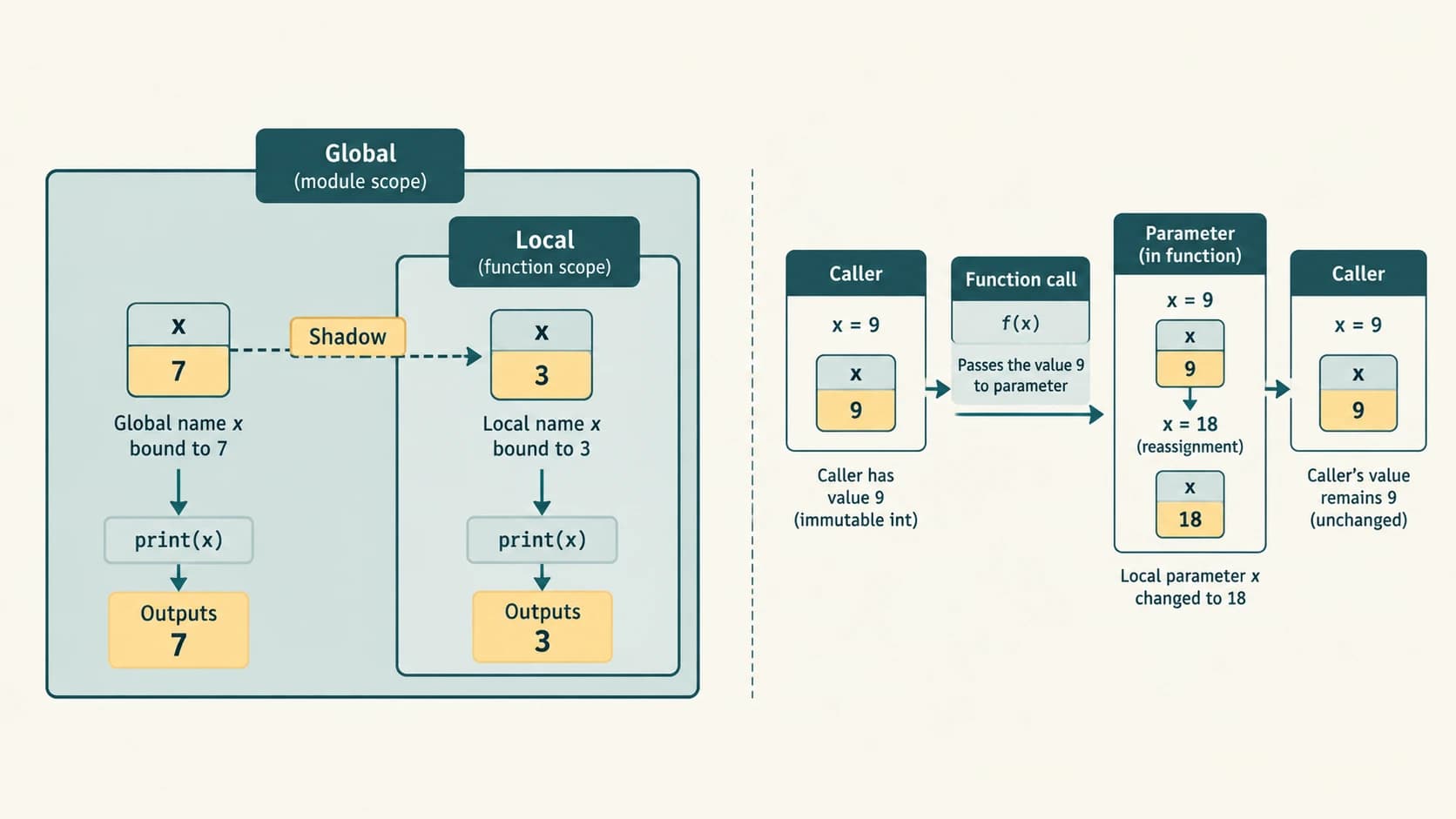 Diagram of separate global and local Python name bindings and the effect of rebinding a function parameter.