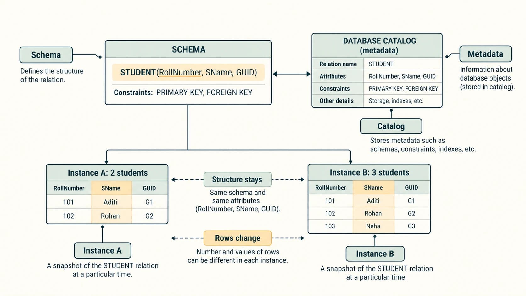 A stable schema described in a catalog is shown with two different snapshots of stored rows.