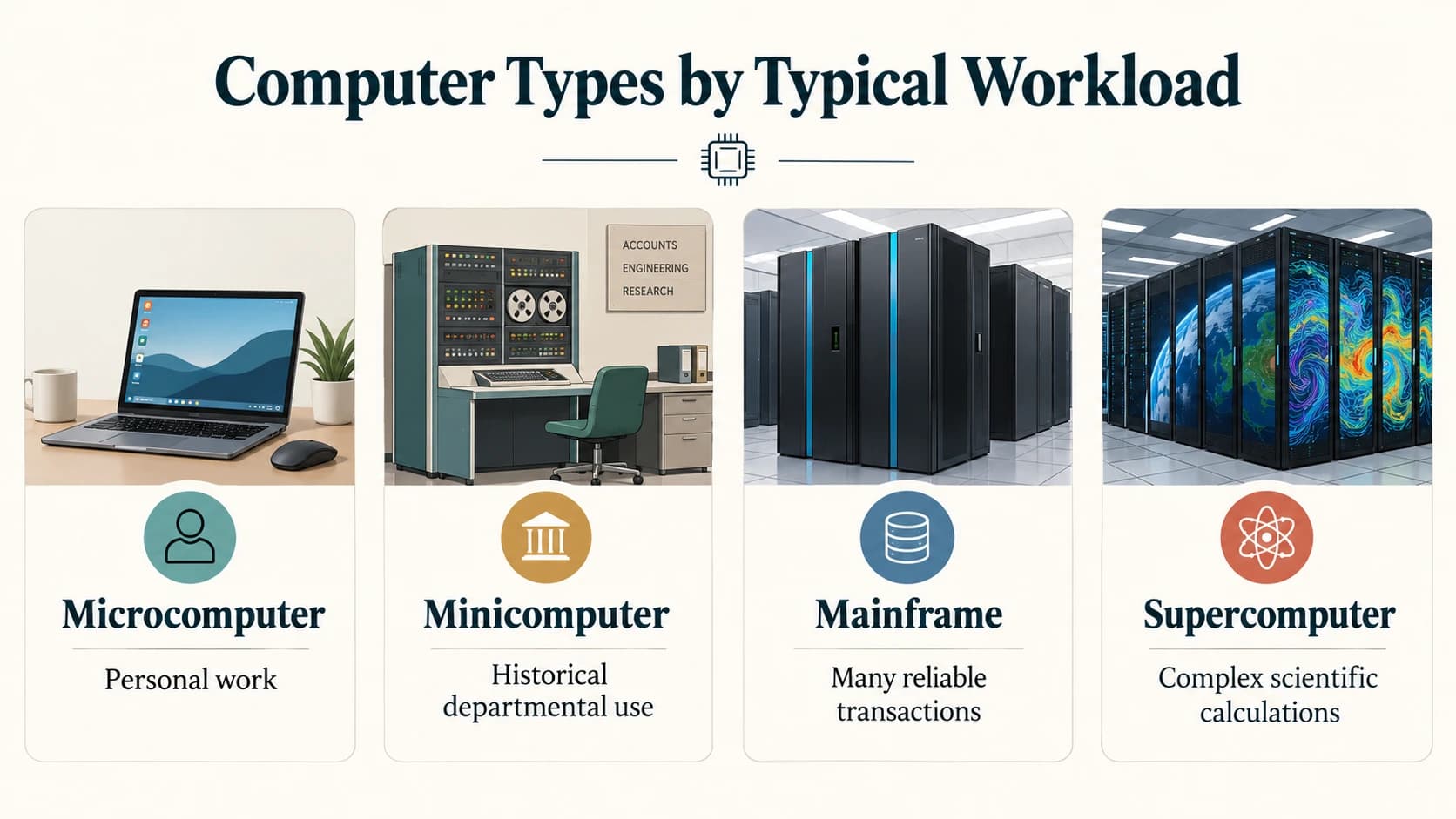 Microcomputers serve personal tasks, minicomputers served departmental tasks, mainframes serve large transaction workloads, and supercomputers solve very large calculations.