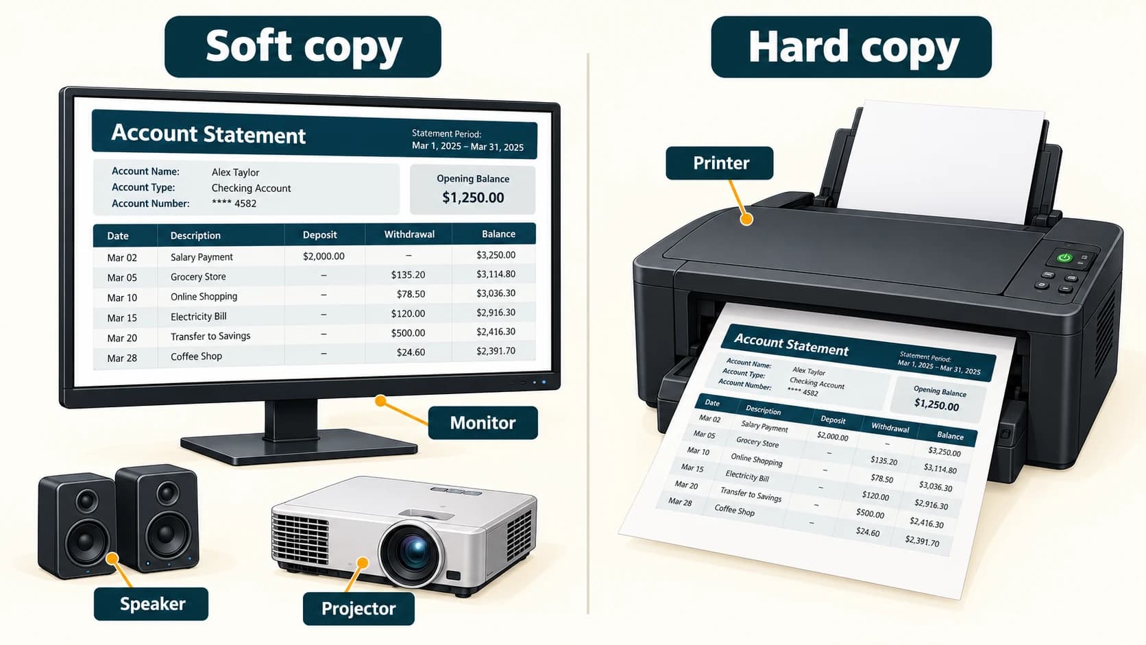A document displayed electronically is soft copy and a document printed on paper is hard copy, with examples of output devices.