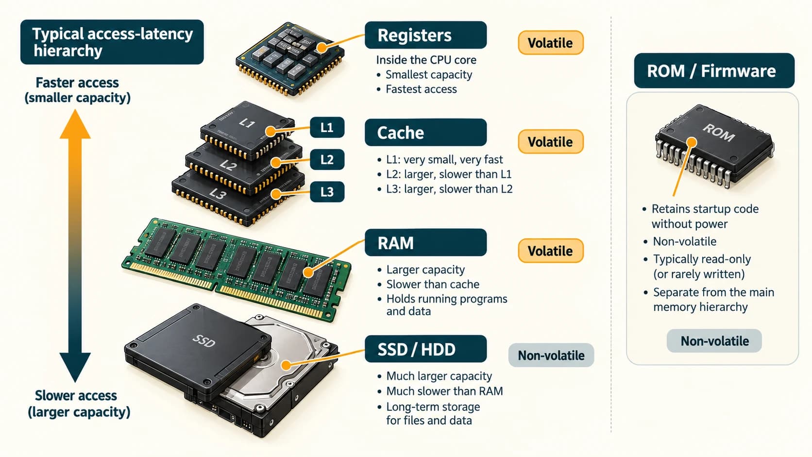 Typical access hierarchy of registers, CPU cache, RAM and persistent storage, with ROM firmware shown separately.