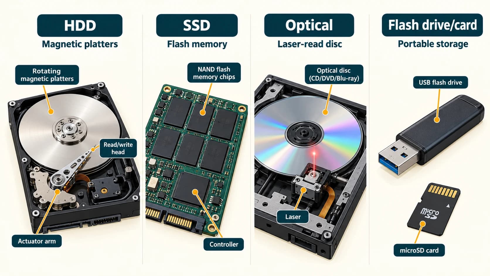 HDD, SSD, optical disc and portable flash storage compared by how data is retained.